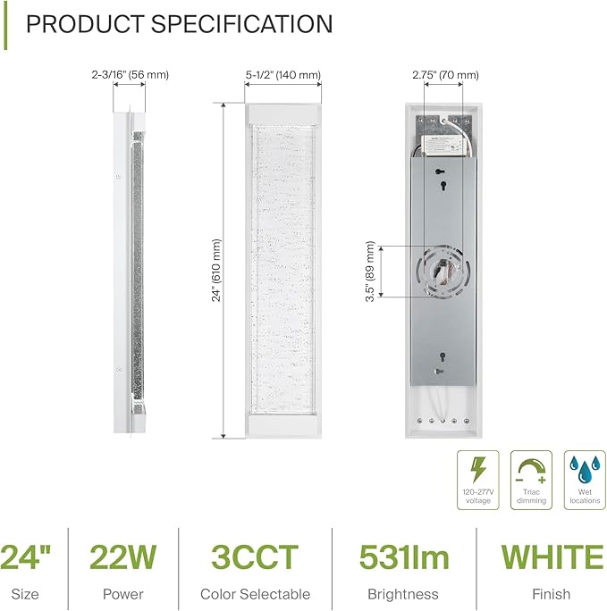 ASD LED 24" Bubble Glass Wall Light Fixture, Outdoor & Indoor Seeded Sconce | 3CCT, Waterproof, Dimmable, Up-Down Glow, ETL Listed | 22W 530LM 3000-5000K 100-277V | Porch Lighting | White, 2 Pack