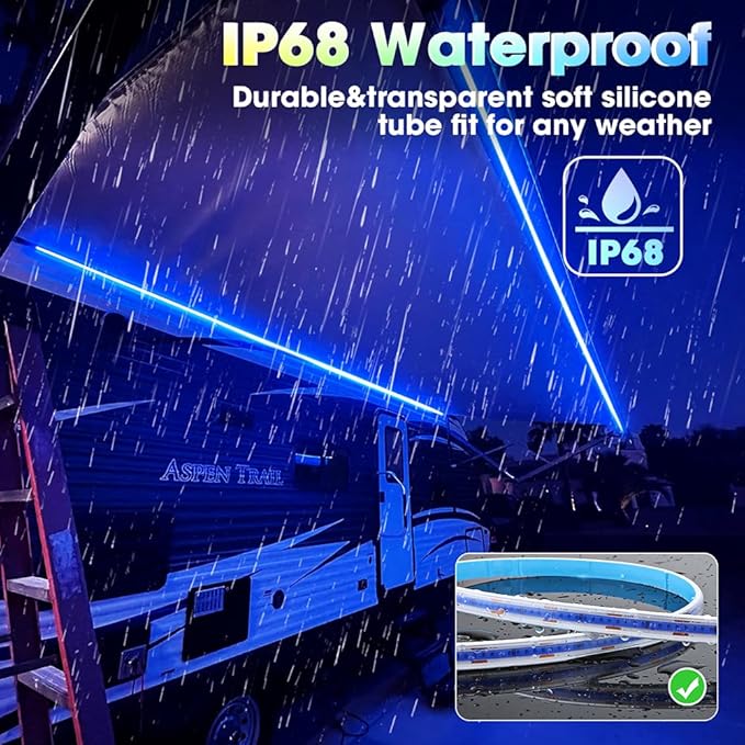 COB RV Awning Lights, 12V 32.8FT Camping Awning Light, IP68 Waterproof LED Lights, RV Exterior Strip Lights for Motorhome Travel Trailer Canopy Party, Stands Food Trucks (Blue)
