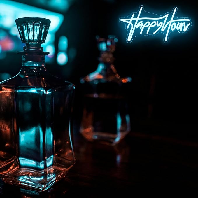 Happy Hour Neon Sign Blue Letter LED Neon Lights Dimmable Neon Bar Sign Words Neon Light Up Sign for Bar Pub Restaurant Hotel Man Cave Party USB Powered Wall Art