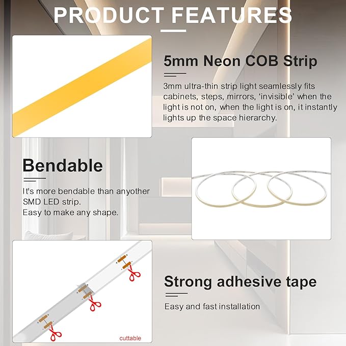 IP68 Waterproof Neon COB LED Strip Light, 16.4ft 24V Ultra-Thin 5mm 3000K LED Tape Light CRI>90 400LEDs/m for Home Cabinet Bathroom Outdoor Pool Decoration (Without Power Supply)