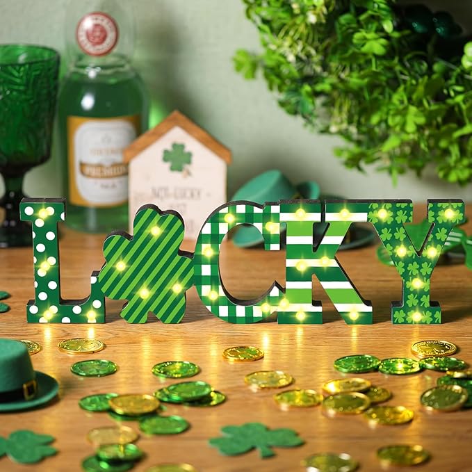 Menkxi St Patricks Day LED Wooden Sign St Patrick's Day Shamrocks Table Decoration Wooden Lucky Decor Saint Patty's Tiered Tray Decor Light up Irish Table Centerpiece for Home Party Desk Office Room