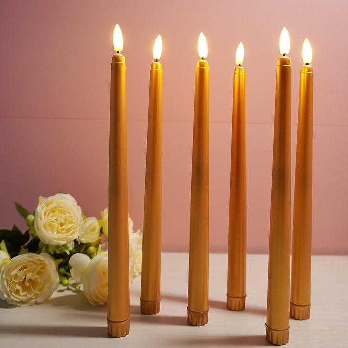 Gold Flameless Taper Candles with Remote, Flickering Christmas LED Candlesticks Battery Operated Set of 12