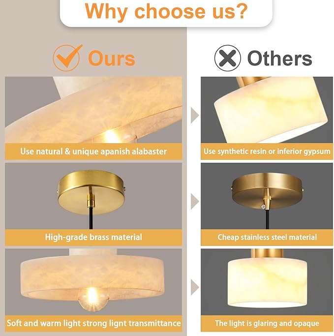 Alabaster Pendant Light for Kitchen Island, Modern Brass Hanging Light Fixture with Natural Alabaster Stone Shade, Adjustable Pendant Lighting Over Sink, Dining, Bar, Counter- 2 Pack