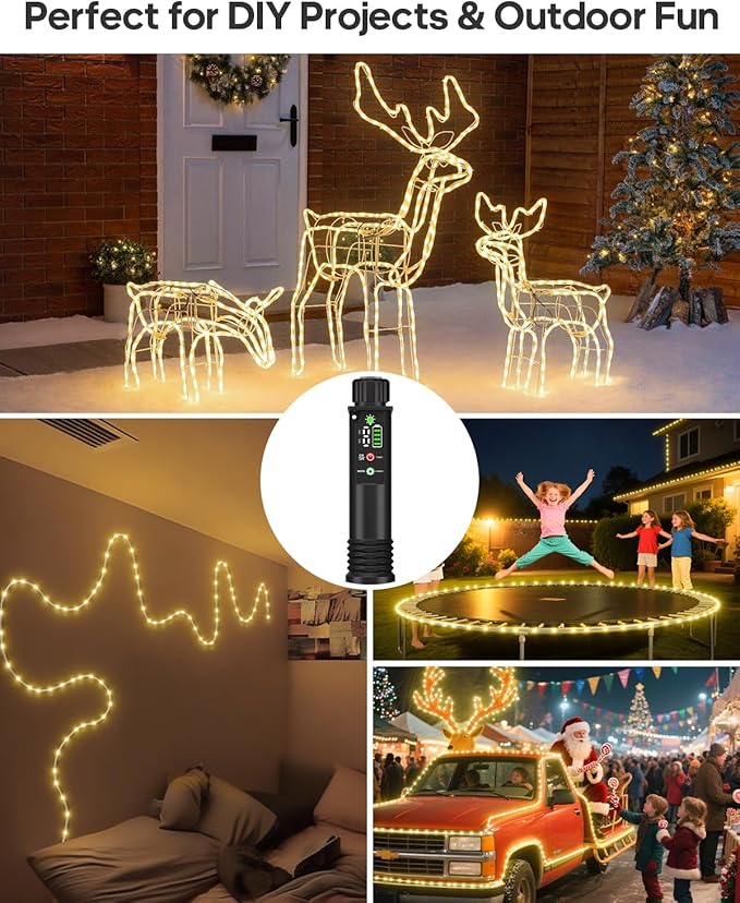 Rechargeable Rope Lights, 79FT 240LED Outdoor Waterproof String Lights with 1200mah Portable Rechargeable Battery, Timing & 8 Modes for Party Christmas Camping DIY Tree trampoline - Warm White 2 Pack