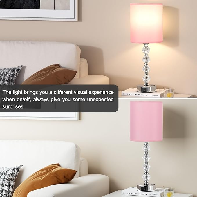 Acaxin Touch Bedside Crystal Lamps for Bedrooms Nightstand with USB C+A Charging Port and AC Outlet White, 3 Way Dimmable Silver Large End Side Table Lamp for Living/Guest/Dinning Room/Kitchen
