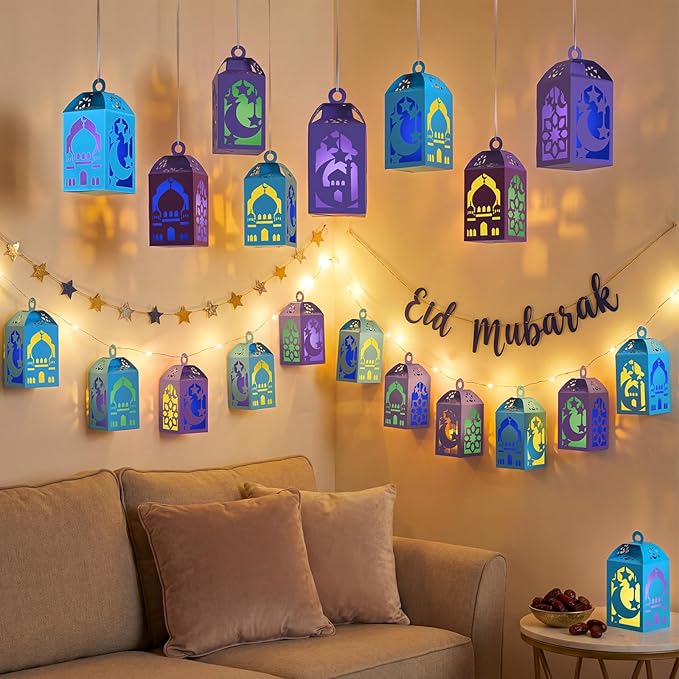 Simgoing 12 Sets Eid Mubarak Crafts with LED Candles Lights DIY Ramadan Tissue Paper Lanterns Crafts Kits DIY Make Your Own Moon Star Lanterns for Ramadan Mubarak Party Decor Classroom Activities