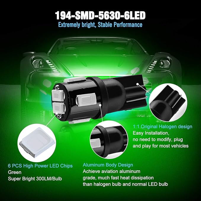 194 LED Bulbs Extremely Bright Green 5630 Chipsets 168 2825 175 T10 W5W LED Replacement Bulbs for Car Interior Dome Map Door Courtesy Trunk License Plate Lights(Pack of 10)