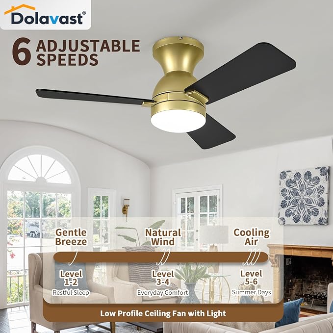 Ceiling Fans with Lights and Remote, 36 Inch Ceiling Fan with Light, Low Profile, Reversible, Dimmable LED, Flush Mount, Quiet, DC Motor, Gold Ceiling Fan for Bedroom, Kitchen, Dining Room