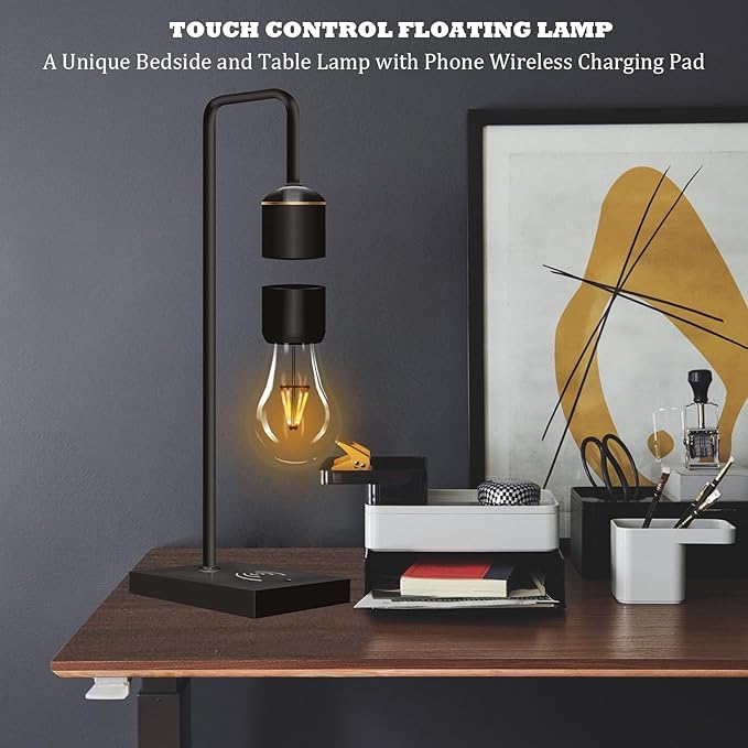 Magnetic Levitating Light Bulb with Luxury Wireless Charging Pad (Apple/Android) Levitation Plastic Black Floating Table Lamp White LED Night Light for Bedrooms Desk Toys Office Gifts