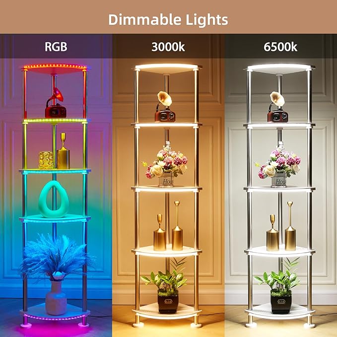Floor Lamp with Shelves Height Adjustable Music Sync LED Corner Floor Lamp with Charging Stationl Dimmable and Timing RGB Standing Lamp for Christmas Gifts White 5-Tier