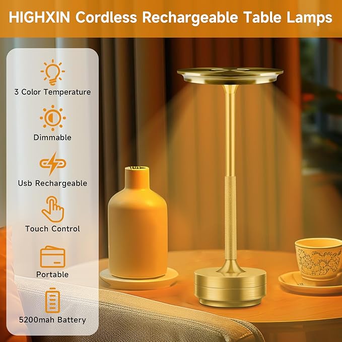 Cordless Rechargeable Table Lamps, Portable Led Ecolume Dining Table Light with Touch Control & 3 Color Dimmable, 5200mAh Battery Powered Vueeze Table Lamp for Outdoor Patio Dinner Restaurant (Gold)