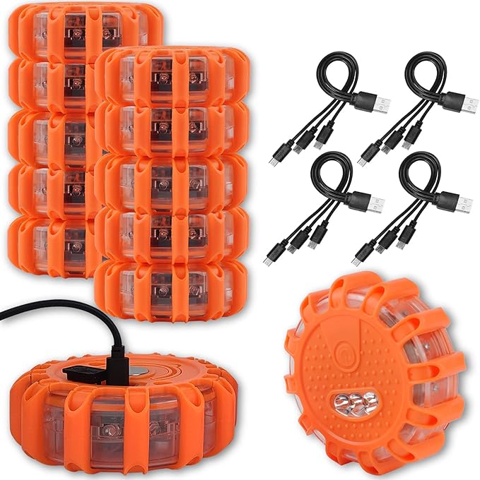 USB Rechargeable LED Road Flares Emergency Lights-Roadside Warning Car Safety Beacon Flashing Disc Flare Kit with Magnetic Base for Vehicles & Boat | 12 Beacon Disc Pack