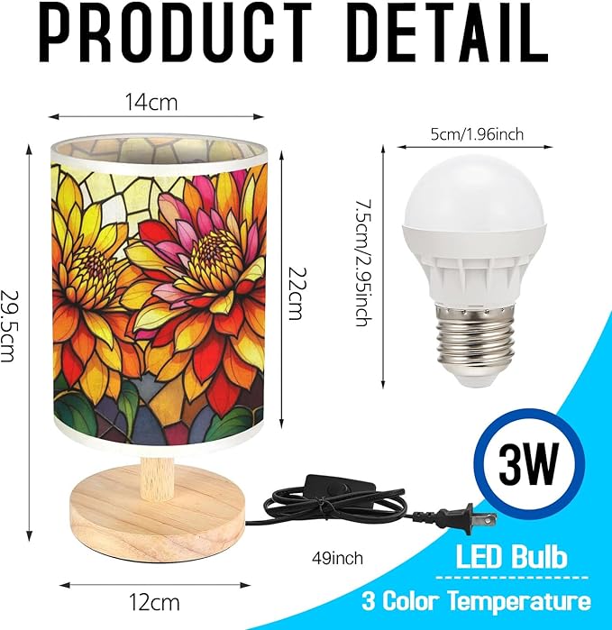 Zinnia Table Lamp LED 3-Color Pressed Bedside, Zinnia Shade Lamp with Wood Base for Bedroom Living Room Desk Office TL01