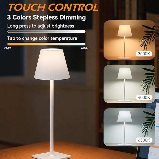 2 Pack Cordless Table Lamps Rechargeable, Battery Operated Touch Dimmable LED Lamp with 3 Color Temperatures, Adjustable Height Wireless Table Lamp for Restaurant, Bar, Bedroom