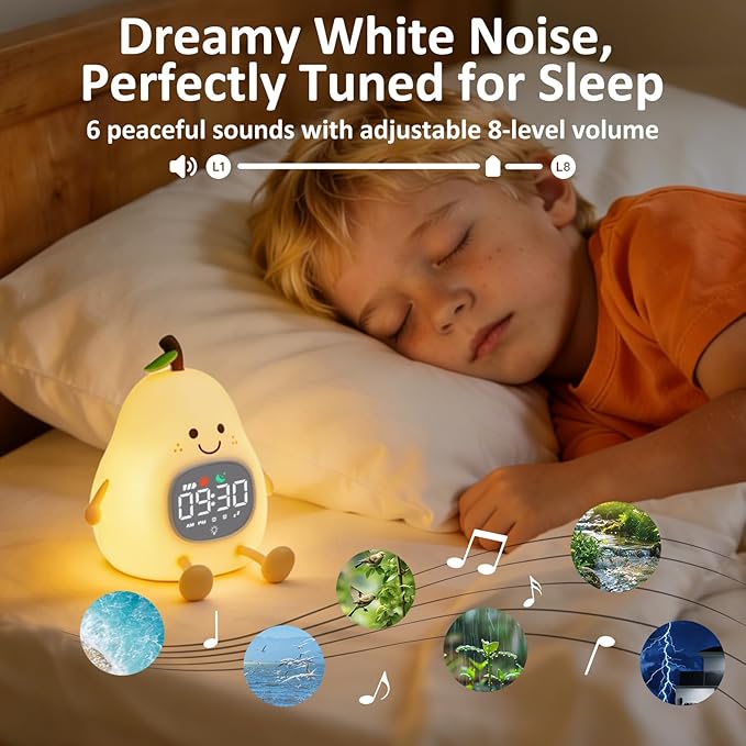 Pear Alarm Clock with Night Light for Kids with Sleep Training Light and White Noise, Rechargeable Silicone Lamp OK to Wake Clock，Cute Tabletop Clock, Perfect Sleep Companion for Boys Girls