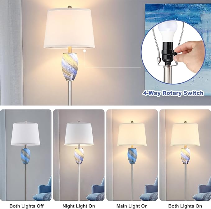 Modern Floor Lamp with Nightlight for Living Room, Bedroom, Stained Glass Blue Lamp for Living Room Decor, Mid Century 65" Tall Standing Corner Lamp(Bulb Included)
