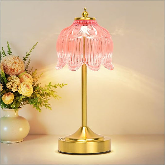 Cordless Lotus Flower Table Lamp, 5200mAh Rechargeable Battery Operated Portable Lamp, 3-Color Dimmable Touch Control Small Desk Lamp for Bedroom, Office, Kitchen, Nightstand,Room Decor (Flower Pink)