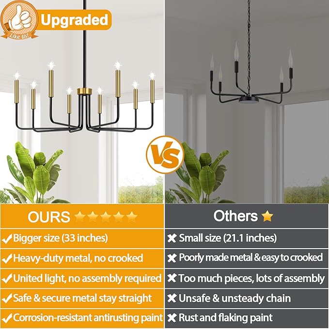 Lynnoland Black and Gold 8-Light Farmhouse Chandelier for Dining Room Lighting Fixtures Hanging, Vintage Candle Pendant Light Fixtures Chandelier for Bedroom, Foyer and Living Room