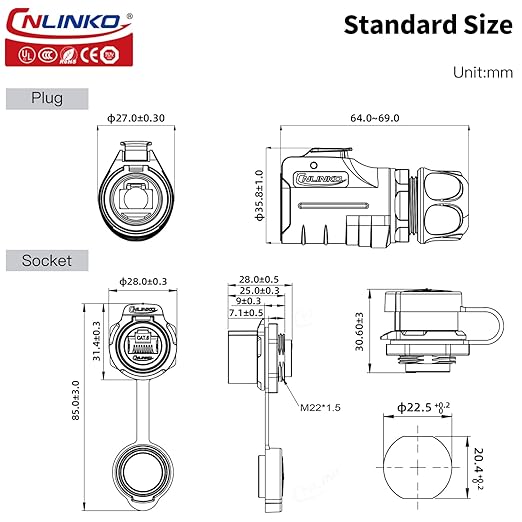 CNLINKO LP-20 RJ45 Waterproof Connector Set, CAT6 Ethernet Connector 8P8C Dual Port Connector Panel Mount Receptacles Socket IP68 Waterproof Connector (Black RJ45 Single-Hole Set)