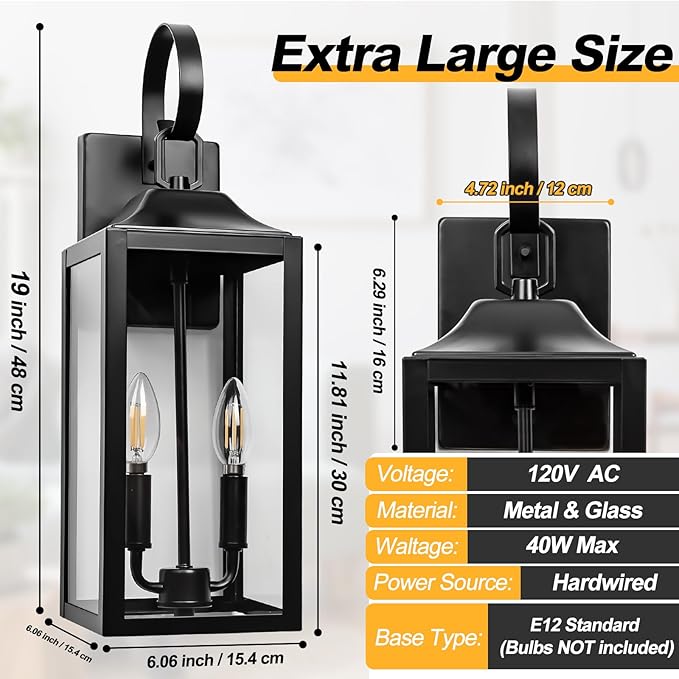 19" Black Outdoor Wall Lantern 2-Light, Large Outside Modern Porch Sconce Light Fixture, Industrial Porch Light Wall Mount with Glass, Waterproof Farmhouse Exterior Lamp Lighting （1 Pack）