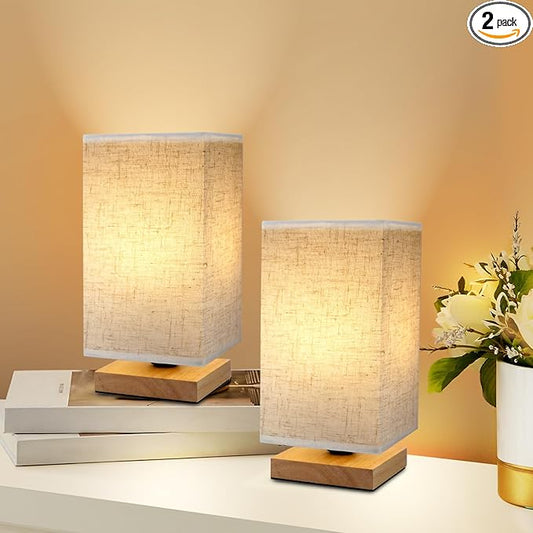 Small Square Bedside Table Lamp for Bedroom set of 2,Minimalist Wood Base & Round Fabric Shade,Mini Cute Cozy Warm Nightstand Boho Lamp, Study Desk Night Stand Light for Room,Dorm,Nursery,Living Room