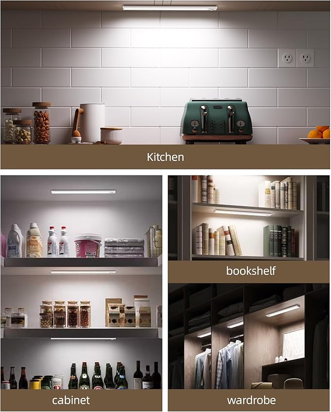52LED Under Cabinet Lighting，1800mAH Rechargeable Battery Operatured Motion Sensor Light Indoor，3 Color Temps&Dimmable Wireless Closet Lights w/Remote for Kitchen，Counter，Stairs (2 Pack)