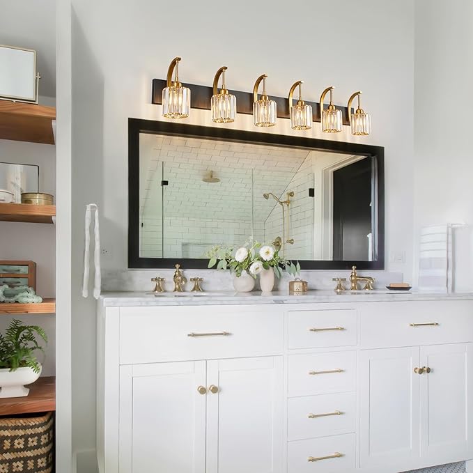 6-Light Crystal Vanity Light, Black Gold Modern Wall Sconce with K9 Crystal Shades, 51.18" Long Over Mirror Lighting for Bathroom, Makeup, Hallway, Elegant & Easy Install