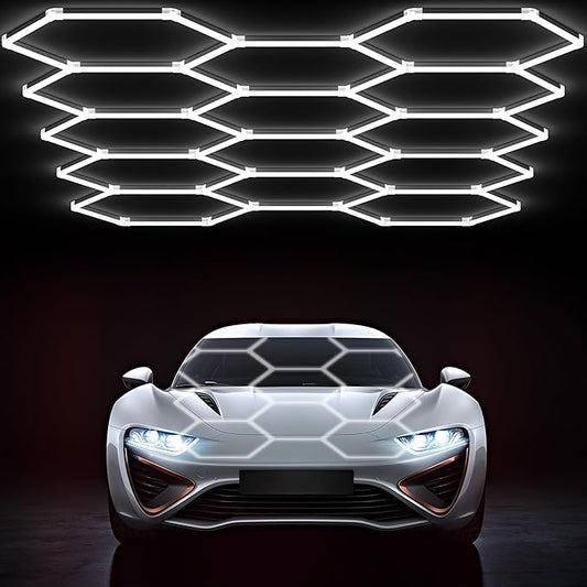 HYPERLITE Gen 2 Hexagon Garage Lights: 399W 39900LM 14 Grids Hexagon Led Light, 6500K Ultra Bright Honeycomb Hex Lights, Easy Install, Durable Design for Garage, Car Detailing, Workshops, Shops, Gym