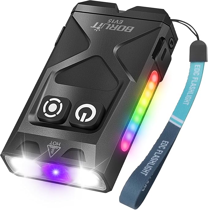 BORUIT EV15 LED Small Powerful EDC Flashlight,1000 Lumen USB-C Rechargeable Mini Keychain Flash Light with 365nm UV & RGB Side Light,IP65 Waterproof,Clip & Tail Magnet for Emergencies