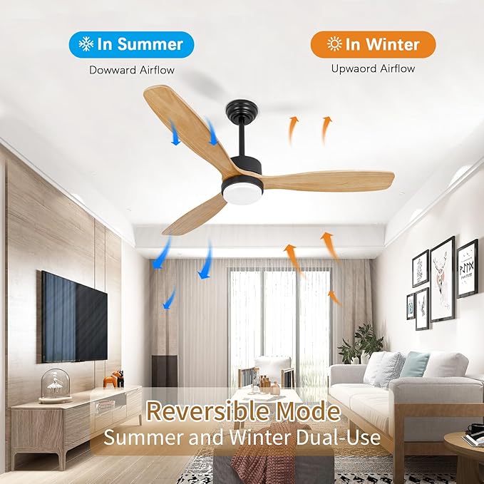 52inches Ceiling Fan with Lights,Wood Downrod Ceiling Fans with Remote Control,Dimmable Light,3 CCT,6 Speeds,Noiseless DC Motor,2 rods,Ceiling Fan for Bedroom,Living Room,Office,Indoor