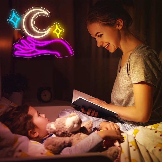 Moon Neon Signs for Wall Decor Star Neon Sign Hand LED Light Moon Wall Decor for Girls Bedroom Dimmable Purple Preppy Room Decorr Girly Decorations Gifts for Women Girls Size 13.8 * 12.6in(P034)