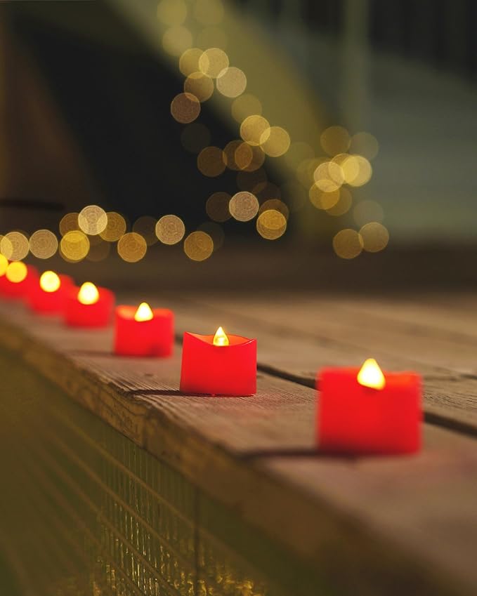 Homemory Red Tea Lights Candles Battery Operated, 200+Hour Flameless Flickering Fake Electric LED Colored Tealights Candles for Party, Wedding, Anniversary, Halloween, Christmas, 12-Pack