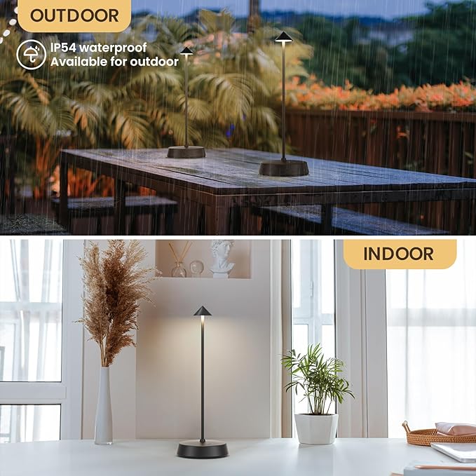 Cordless Table Lamps Rechargeable, 6000mAh LED Battery Operated Desk Lamp, Portable Outdoor Waterproof Touch Stepless Dimmable Wireless Table Light for Dining Restaurant Home Patio (Black-1PC)