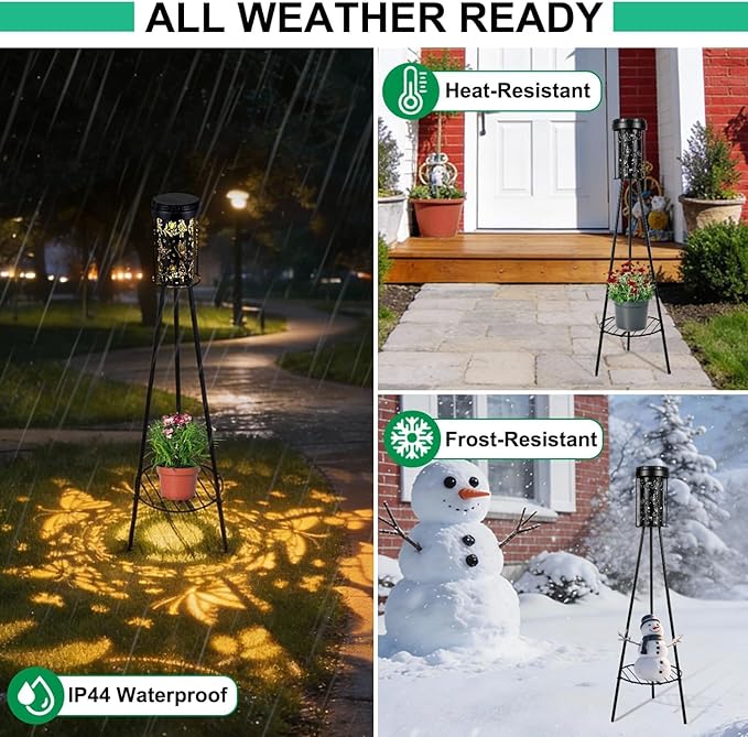 Solar Floor Lamps Outdoor RGB Butterfly Projection Metal Cordless Floor Lamp with Plant Stand,42.48 Inch Waterproof Decorative Garden,Patio,Porch,Yard,Path,Light,Black