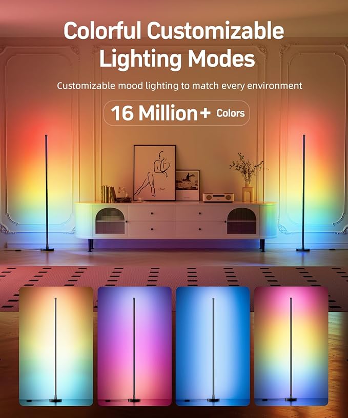 Smart RGB Corner Floor Lamp, LED Standing Lamp with Remote & App Control, Music Sync and Color Changing Ambient Lighting, Floor Lamps for Bedroom, Party and Living Room