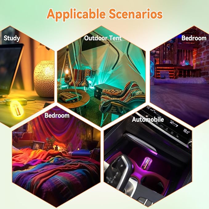 5Pcs Mini Retro Car Light, 10 Modes, Transparent Shell USB LED Car Interior Atmosphere Lamps, Touch-Control Portable Plug-in Glass Bottle Ambient Night Light for Camping Bedroom Party