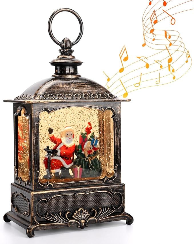 Christmas Snow Globe Lantern Santa Claus Decorations, Music Glitter Lanterns with 6h Timer, 3 AA Battery Operated & USB Powered, Santa Claus Snow Globe Lantern for Christmas Home Decoration and Gift