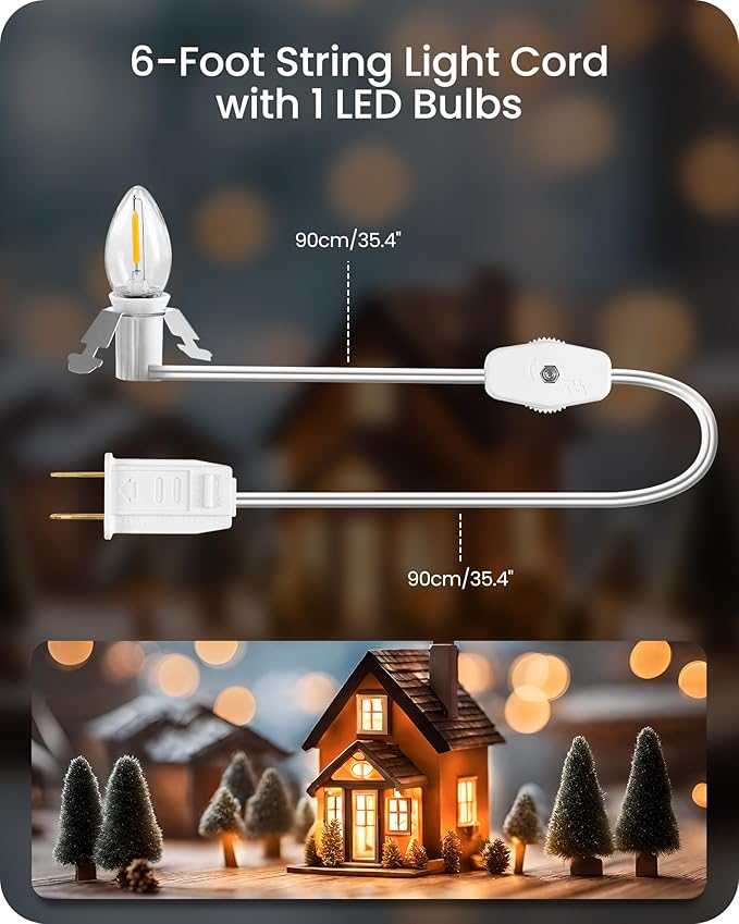 Christmas Village Lights, Decoration String Lights, Warm White, for Christmas Snow House, Pumpkin Crafts, Holiday Decoration, 6Ft with 1 C7 LED Bulb, 4Pack W06VLP405