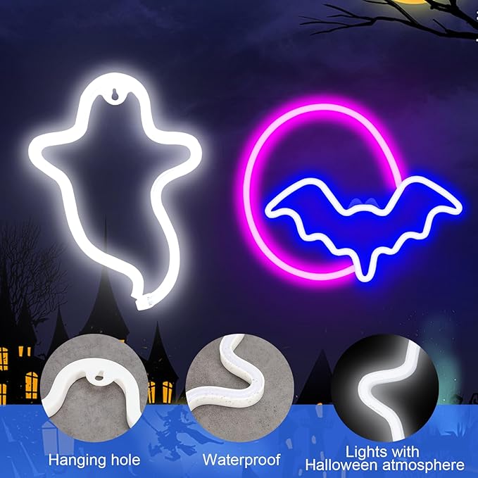 2 Pack Halloween Decoration LEDs Neon Sign Light Ghost, Bat and Moon Lights Hanging for Halloween Party Decorations Indoor Home Window Decorations (Batteries not Included)