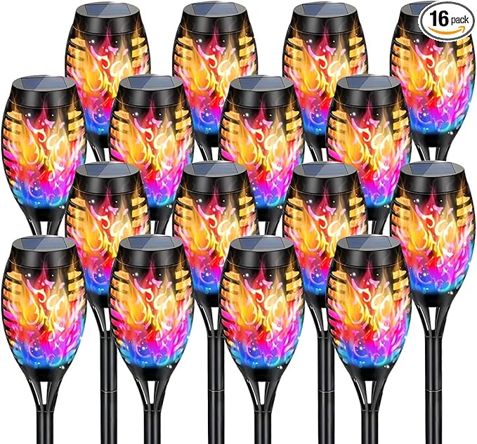 16 Pack Solar-Powered Flashlight Torches for Outdoor use, Dancing and Flickering Flame Torches for Landscape Decoration, Suitable for Paths, lawns, terraces (Colorful)