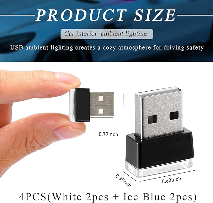 4 PCS USB LED Car Interior Atmosphere Lamp, Portable Plug-in 5V USB Car LED Interior Lighting Night Lamp, Mini USB Ambient Lighting Decor for Home Car Laptop Keyboard (White+Ice Blue)