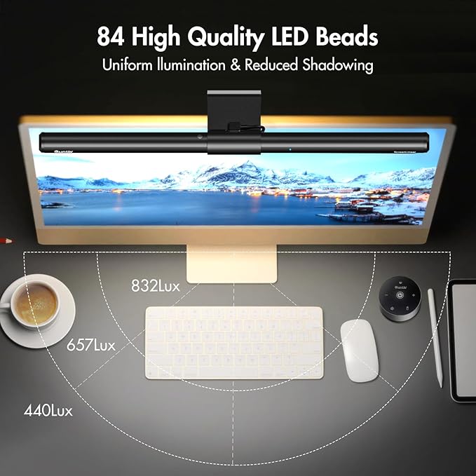 Quntis Monitor Light Bar with Remote, Fit for Curved Monitors/Camera Base, Eye-Care Computer Screen Light Bar, Auto-Dimming Dimmable Work Office Gaming Desk Lamp, Gray