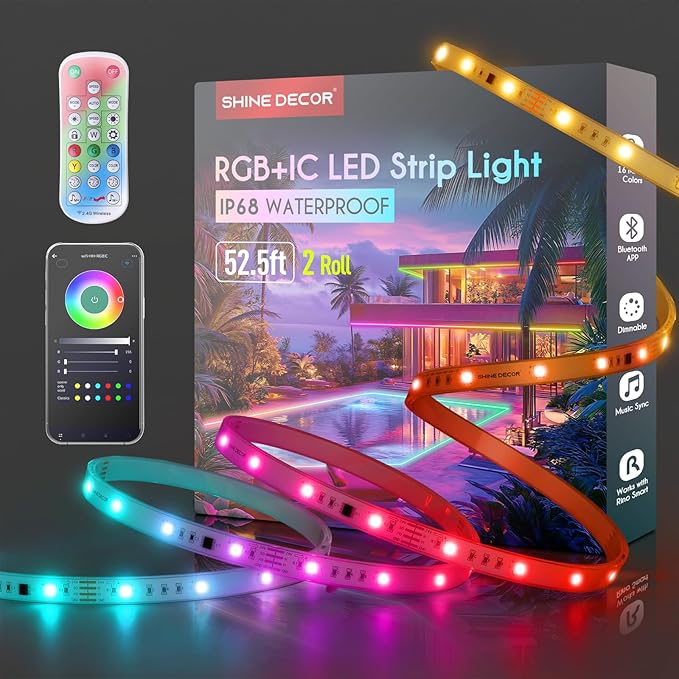 Shine Decor IP68 LED Strip Light 105 FT, DC 24V RGB+IC LED Strip Lights, Outdoor Rope Lights with Remote APP Control Music Sync, Color Chasing LED Lights Strip for Chrismas, Pool, Home Decor