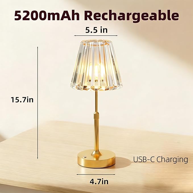 Crystal Glass Table Lamp - Cordless & Rechargeable with 5200mAh, Warm White Stepless Dimming, Portable Reading Light for Bedroom Nightstand, Living Room Home Decor