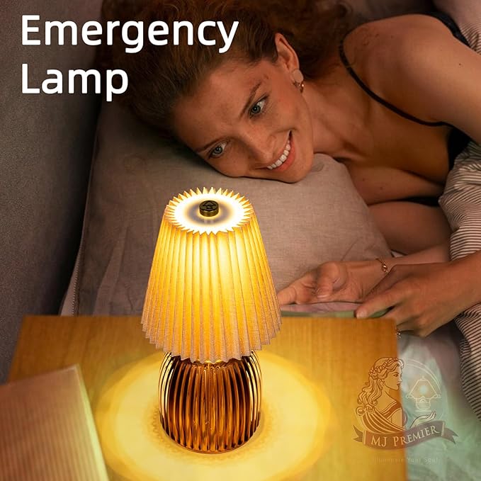 MJ Cordless Lamps with Timer 8.7 in High Battery Operated Pleated Lamp Shade for Home Decor Emergency Battery Powered Small Lamps for Livingroom Bedroom Home Decor Beige