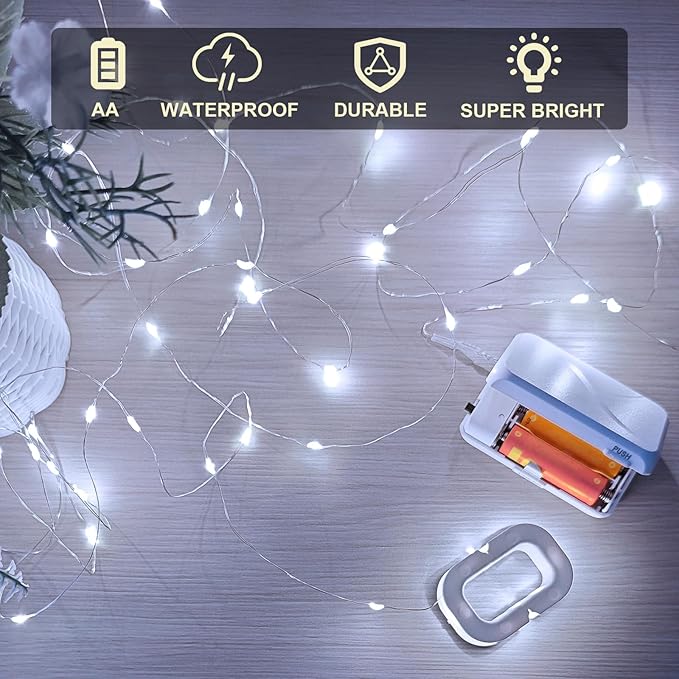 Aogist 2-Pack 16FT Fairy Lights with Spool,Ultra-Bright 50 LEDs Battery Operated Copper Wire String Light for Bedroom Christmas Wedding Centerpiece Parties Decoration,White
