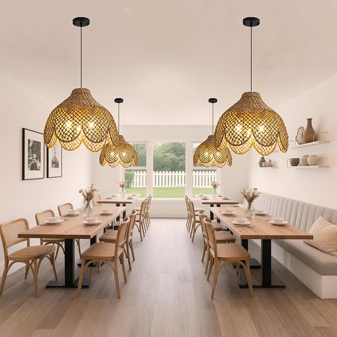 Rattan Pendant Light Fixtures,18.11" Boho Seagrass Pendant Light,3-Light Hand Woven Water Plants Rattan Chandelier for Dining Living Bedroom Kitchen Farmhouse