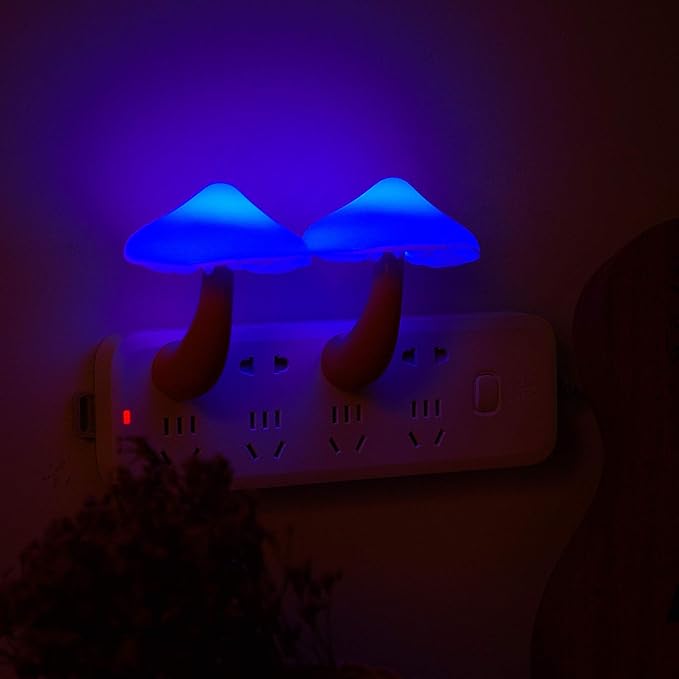 Mudder 2 Pack Mushroom Night Light Plug in Wall Lamp Sensor LED Mushroom Nightlight Cute Mini for Adult Kid Nursery Decor Gift(Blue)