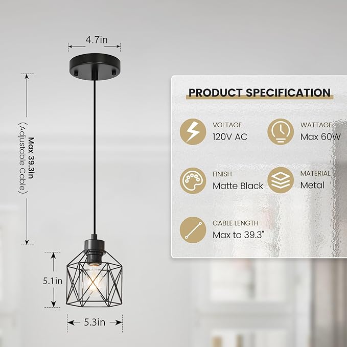 4-Pack Hanging Pendant Light Fixtures, Farmhouse Kitchen Island Light Fixture, Industrial Hanging Pendant Lighting for Dining Room Bedroom Hallway, Black Metal Cage Pendant Lamp, E26 Base