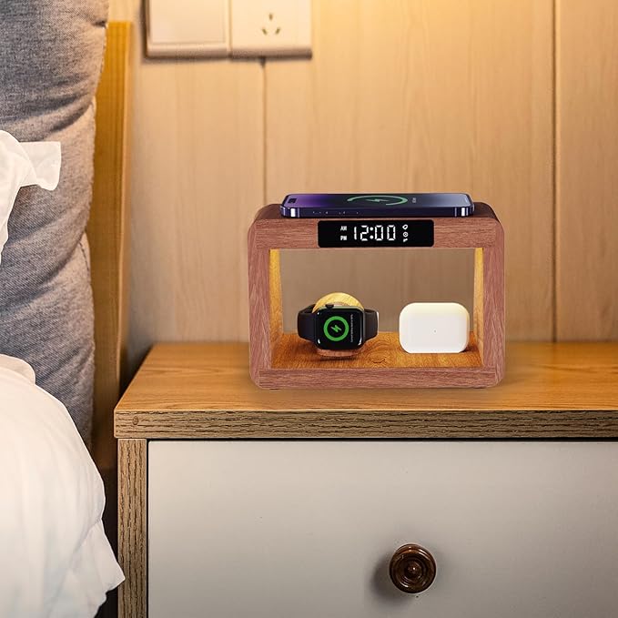 Wooden Bedside Table Lamp with Wireless Charging Station, LED Clock Display, 3 Night Light Modes, Bamboo